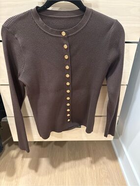 Commense Brown Ribbed Button-Front Long Sleeve Top with Gold Buttons